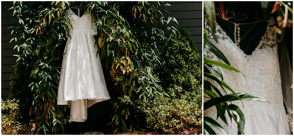 flowery branch wedding photographer takes pictures of the wedding dress at Juliette Chapel, a wedding venue in Dahlonega, Ga, hidden wooded wedding venue 