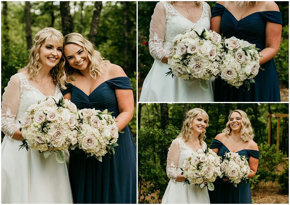 flowery branch wedding photographer takes pictures of the Bride and Bridesmaid at Juliette Chapel, a wedding venue in Dahlonega, Ga, hidden wooded wedding venue 