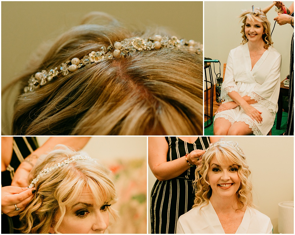 flowery branch wedding photographer takes pictures of the bride getting hair and makeup done at Juliette Chapel, a wedding venue in Dahlonega, Ga, hidden wooded wedding venue 