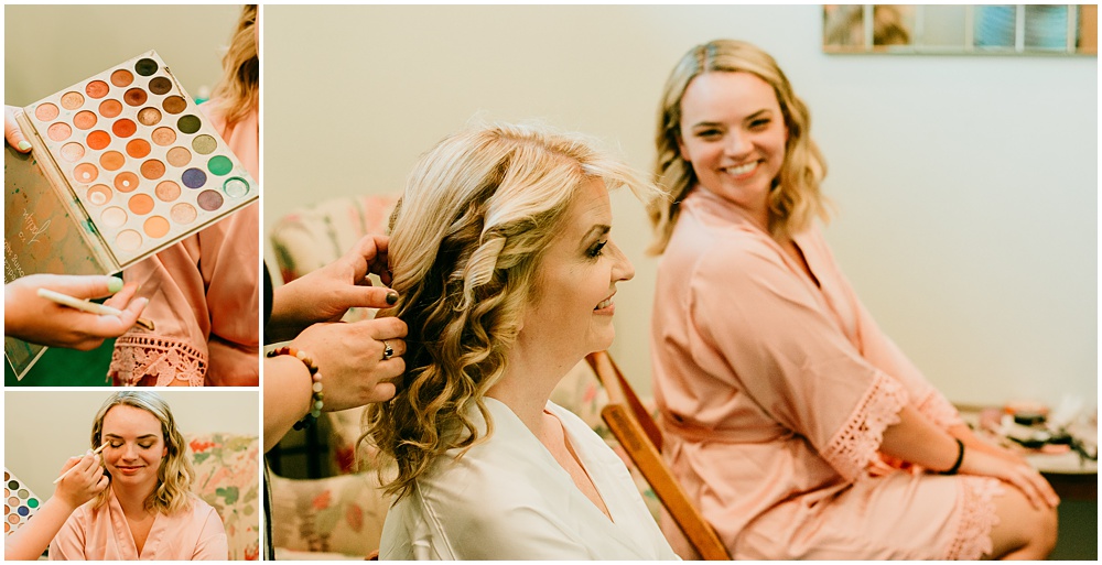 flowery branch wedding photographer takes pictures of the bride getting hair and makeup done at Juliette Chapel, a wedding venue in Dahlonega, Ga, hidden wooded wedding venue 