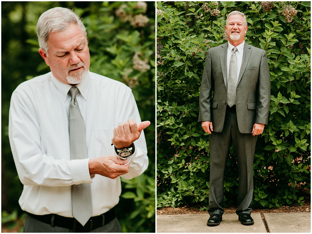 flowery branch wedding photographer takes pictures of the groom getting ready at Juliette Chapel, a wedding venue in Dahlonega, Ga, hidden wooded wedding venue 