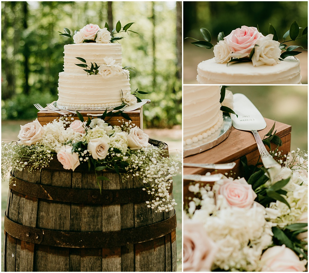 flowery branch wedding photographer takes pictures of the wedding cake at Juliette Chapel, a wedding venue in Dahlonega, Ga, hidden wooded wedding venue 