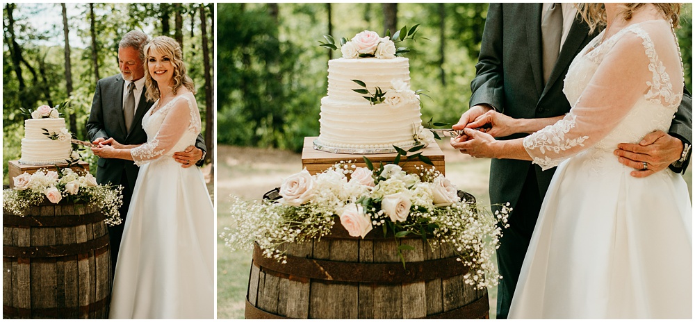 flowery branch wedding photographer takes pictures of the wedding cake at Juliette Chapel, a wedding venue in Dahlonega, Ga, hidden wooded wedding venue 