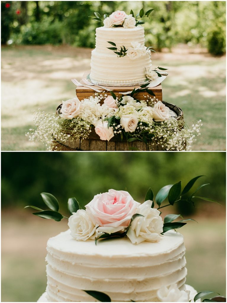 flowery branch wedding photographer takes pictures of the wedding cake at Juliette Chapel, a wedding venue in Dahlonega, Ga, hidden wooded wedding venue 