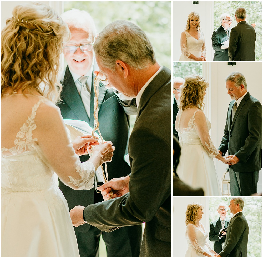 flowery branch wedding photographer takes pictures of the wedding ceremony at Juliette Chapel, a wedding venue in Dahlonega, Ga, hidden wooded wedding venue 