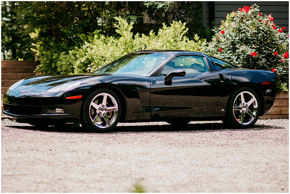 flowery branch wedding photographer takes pictures of the Groom's car at Juliette Chapel, a wedding venue in Dahlonega, Ga, hidden wooded wedding venue 