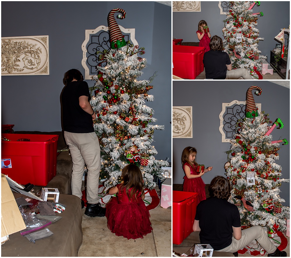 brother and sister decorating the family tree in flowery branch 