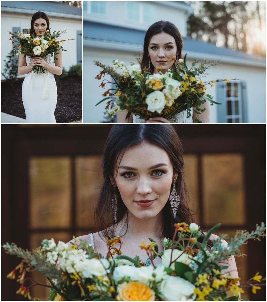 flowery branch wedding photographer takes a picture of bride with her bouquet at white fox cottage 