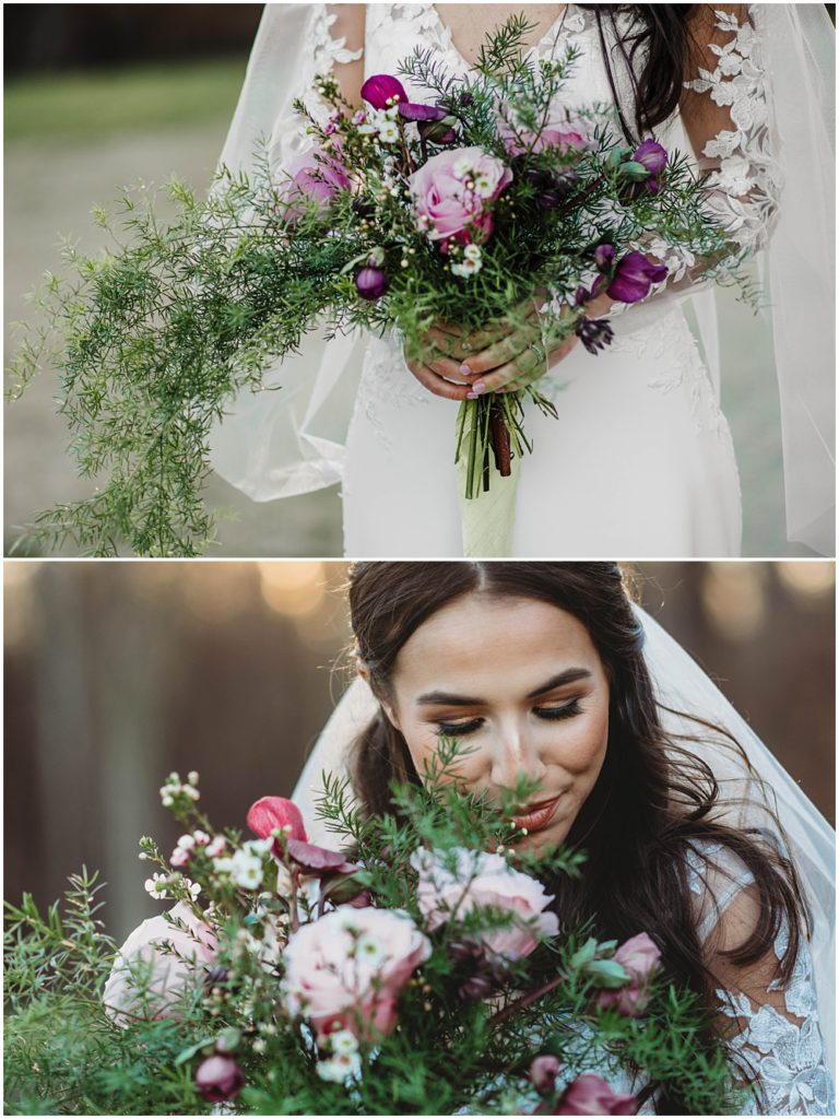 flowery branch wedding photographer takes a picture of bride with her bouquet at Hidden Acres Venue 