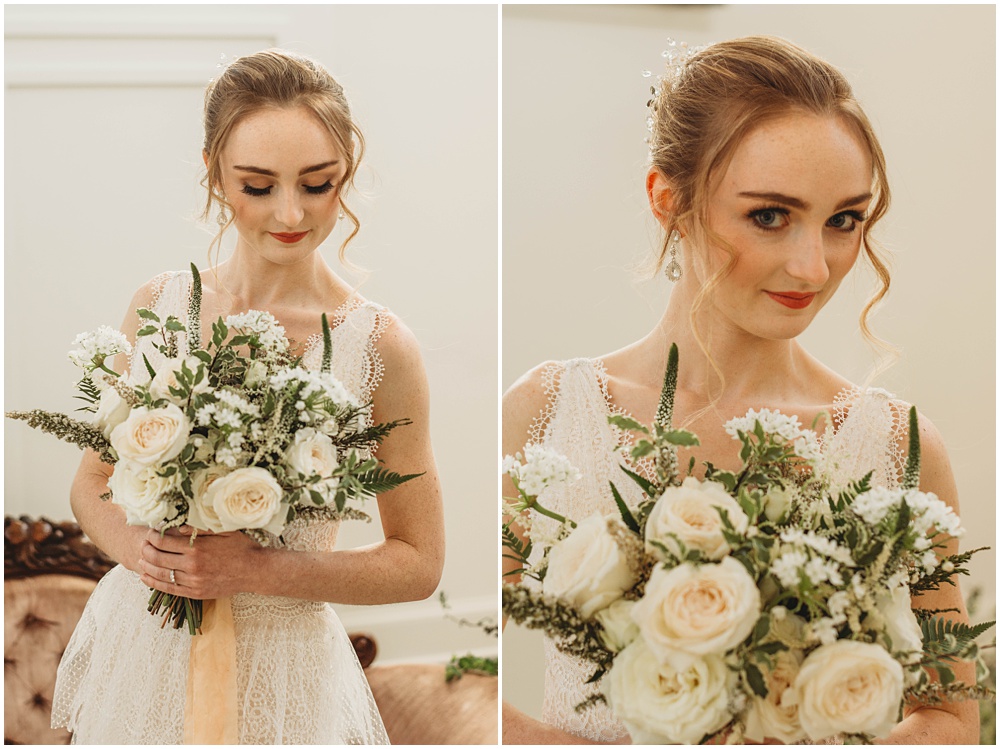 flowery branch wedding photographer takes a picture of bride with her bouquet at white fox cottage