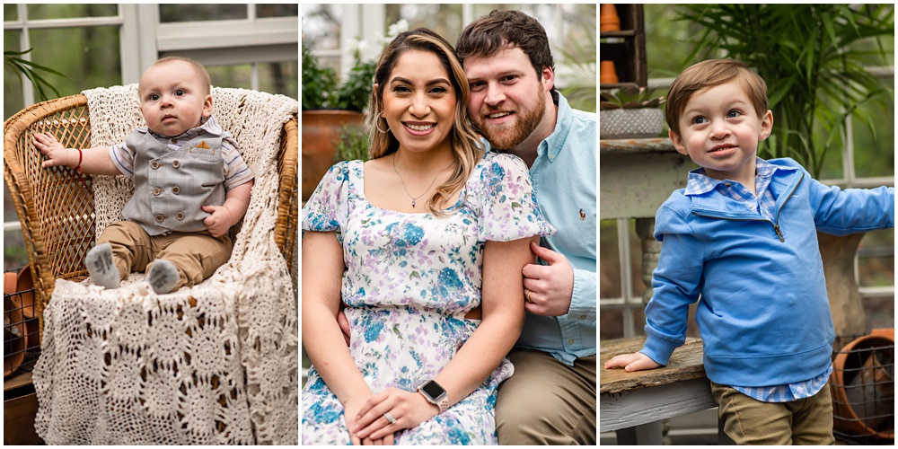 family pose for easter mini session in the greenhouse with Archie the bunny at prospect farms in Lawrenceville, Ga