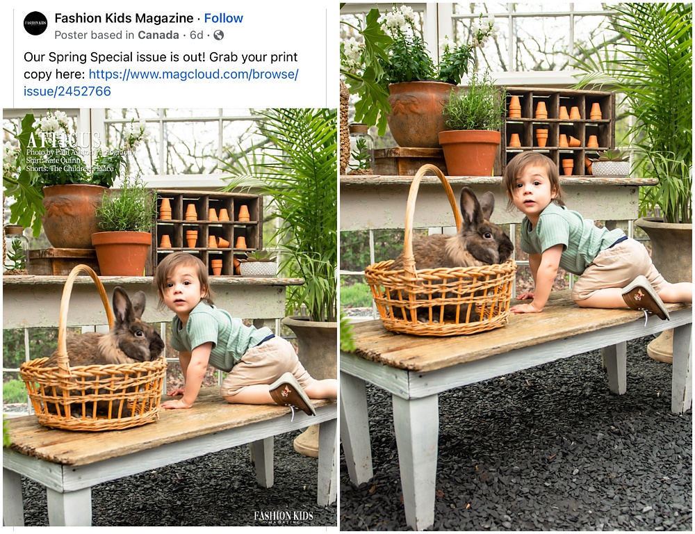 Easter mini session with live bunny at Prospect Farms. Photographers image chosed for publication for Fashion Kids Magazine