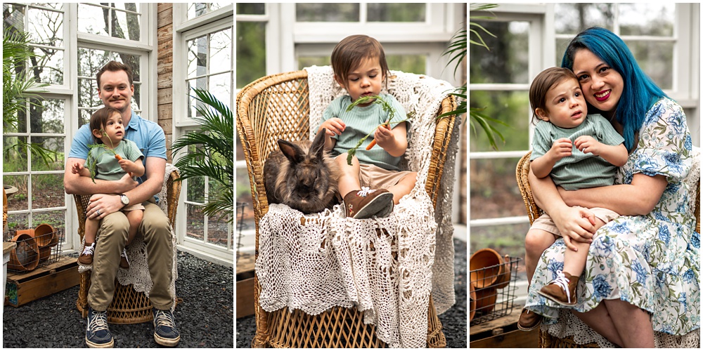 family pose for easter mini session in the greenhouse with Archie the bunny at prospect farms in Lawrenceville, Ga