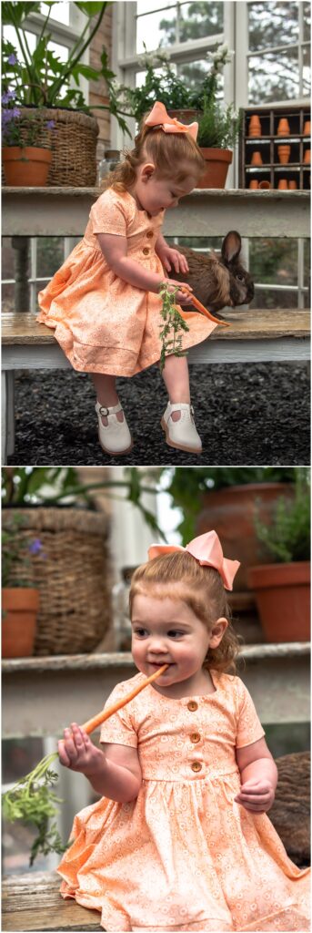 little girl poses for easter mini session in the greenhouse with Archie the bunny at prospect farms in Lawrenceville, Ga