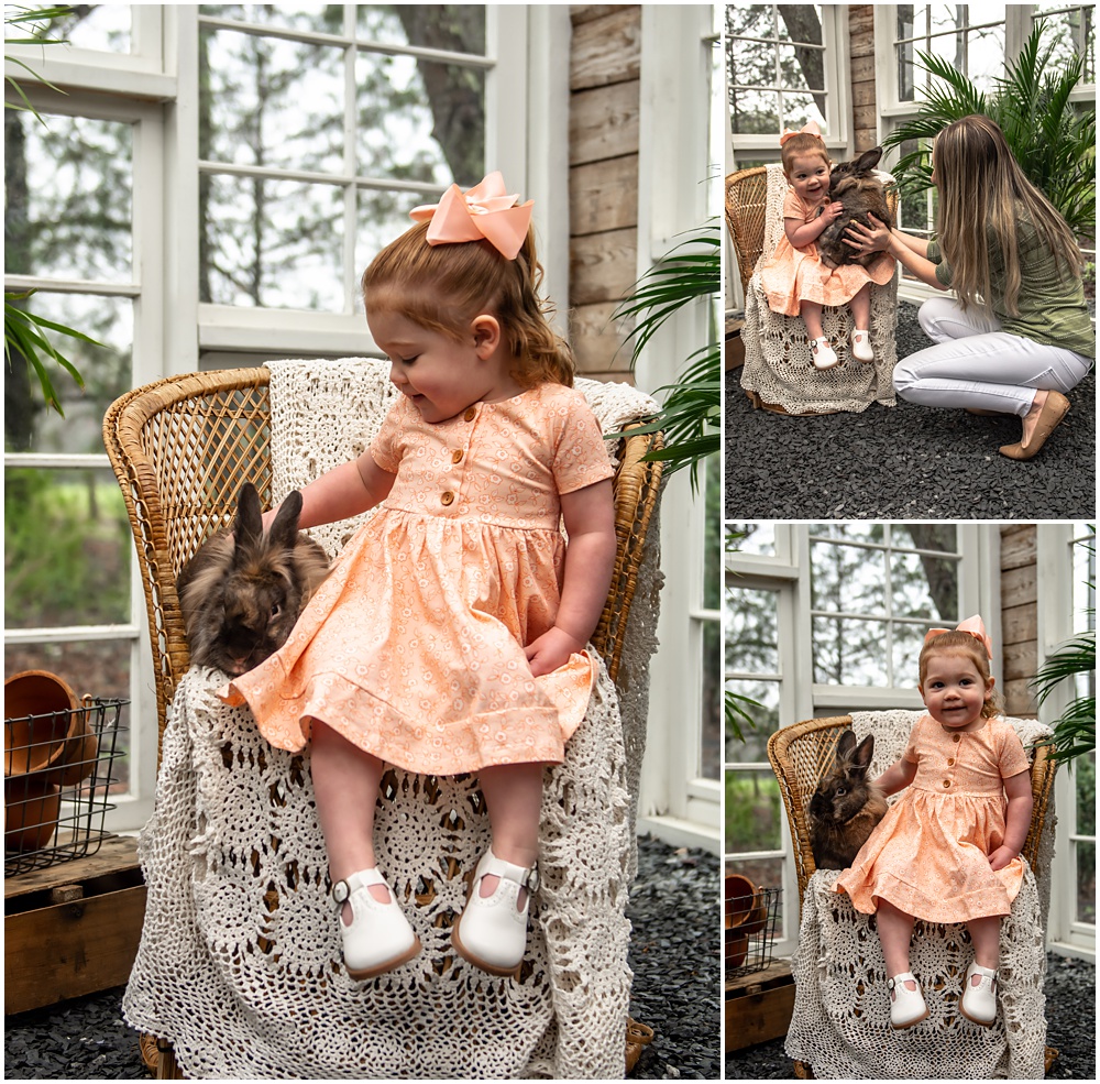 little girl poses for easter mini session in the greenhouse with Archie the bunny at prospect farms in Lawrenceville, Ga