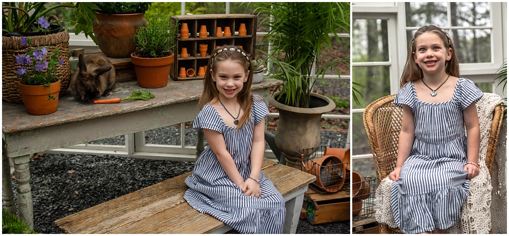 easter mini session in the greenhouse with Archie the bunny at prospect farms in Lawrenceville, Ga