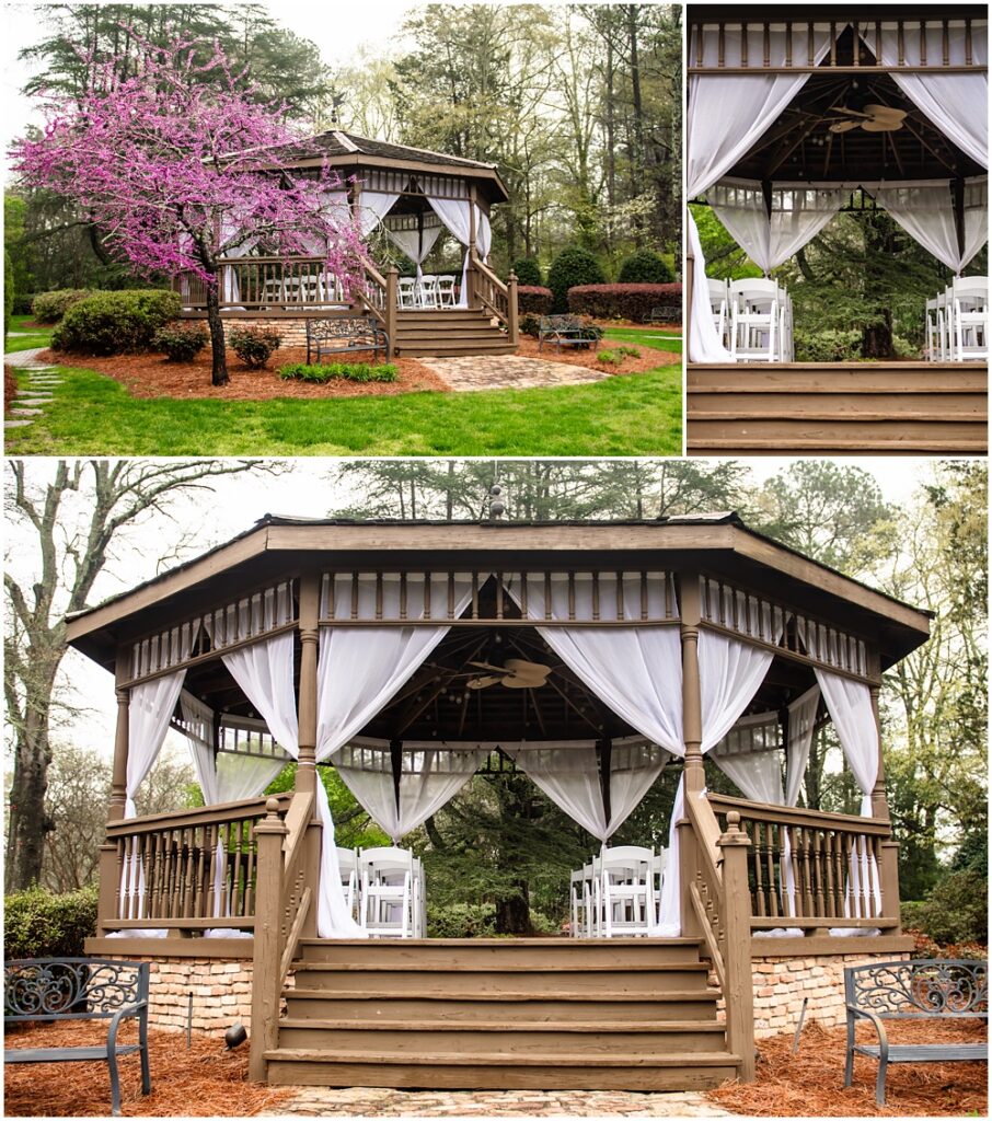 the carl house wedding venue in auburn georgia has an outdoor gazebo covered with privacy and white folded chairs for seating 