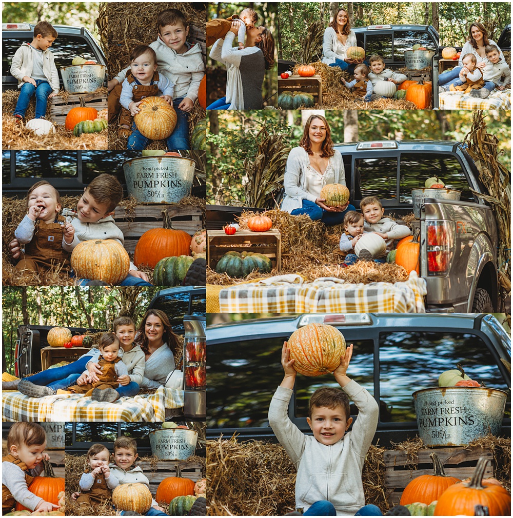 fall pumpkin truck mini session. mom and two sons sitting in the back of a truck holding pumpkins