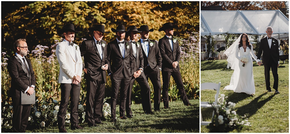 wedding at Half Mile Farm Venue in highlands, North Carolina. Bride walks down the Isle. Groom is watching her. Photo by Paul Ashton Photography