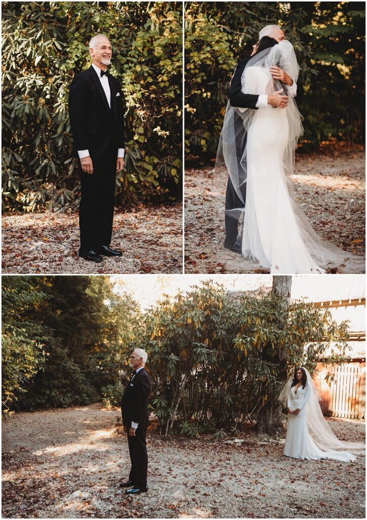 first look with dad. wedding at Half Mile Farm Venue in highlands, North Carolina. Photo by Paul Ashton Photography