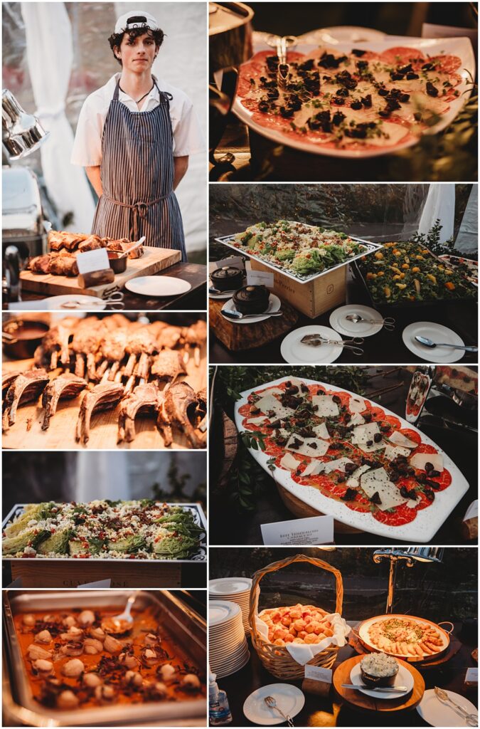 wedding at Half Mile Farm Venue in highlands, North Carolina. Food prepared for guests. Meat, Ribs, pepperoni and salad. Photo by Paul Ashton Photography