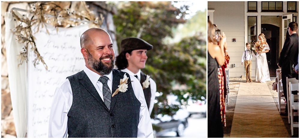 the groom watching his bride walk down the aisle during their ceremony at sterling on the lake in flowery branch ga 