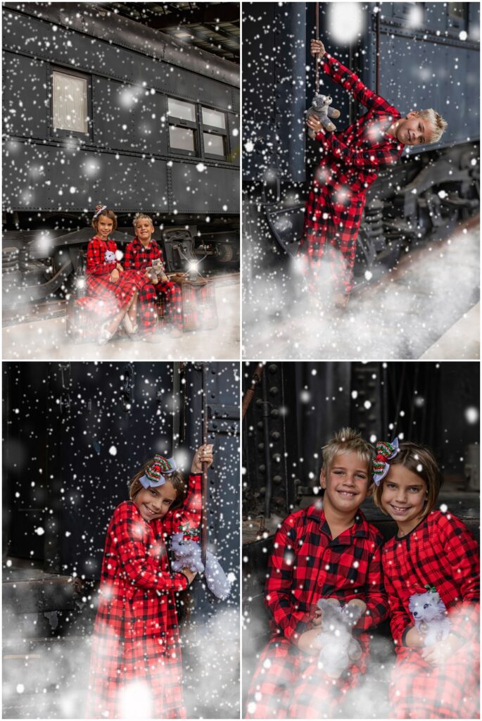 brother and sister pose in Christmas pajamas at Duluth Georgia Train Museum for Polar express minis. 