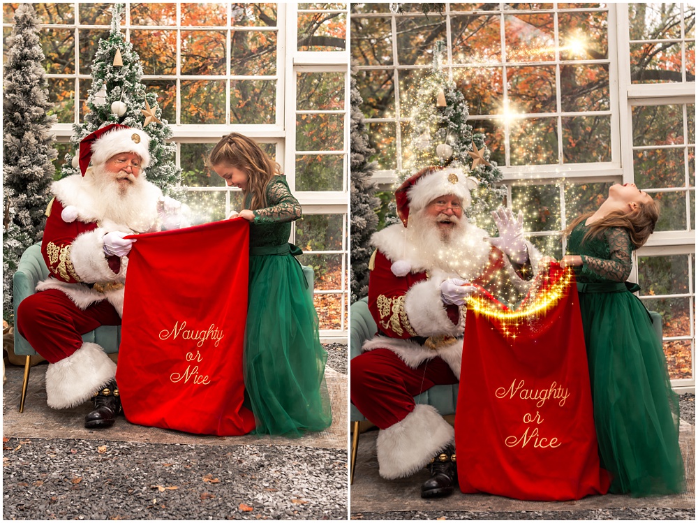 little girl looking into santa's toy bag during her santa mini session at prospect farms, in lawrenceville ga 