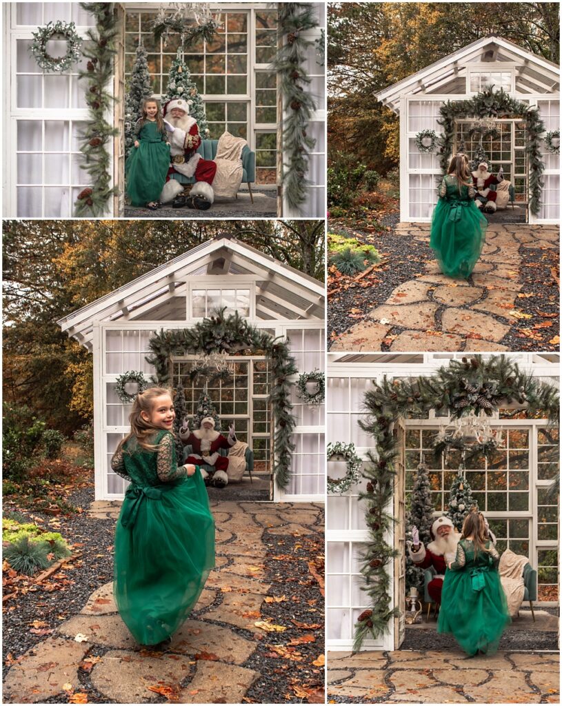 little girl walking up to santa during her santa mini session at prospect farms, in lawrenceville ga 