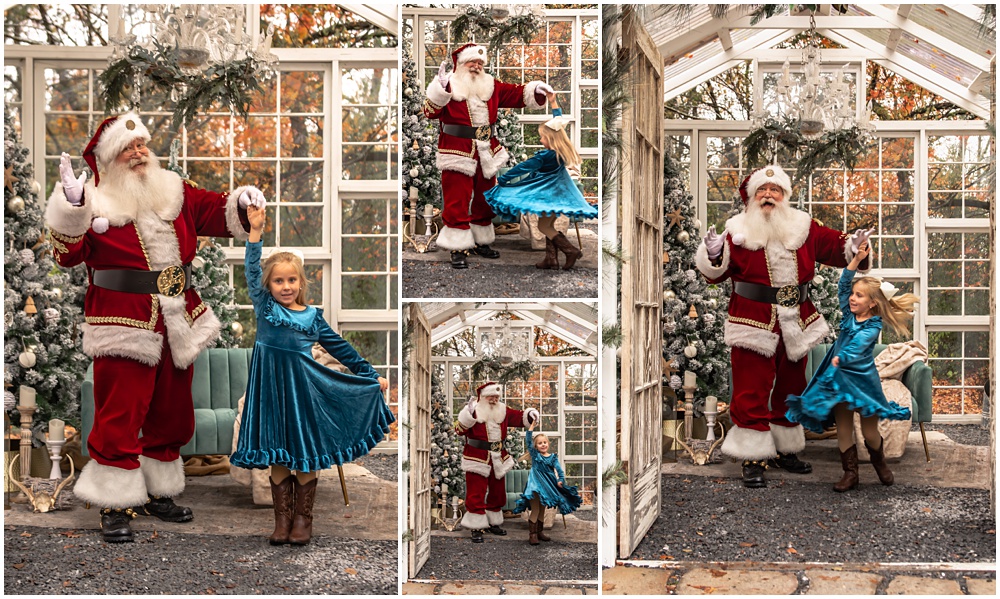 little girl dancing with Santa during her Santa mini session at Prospect Farms, in Lawrenceville, Ga 