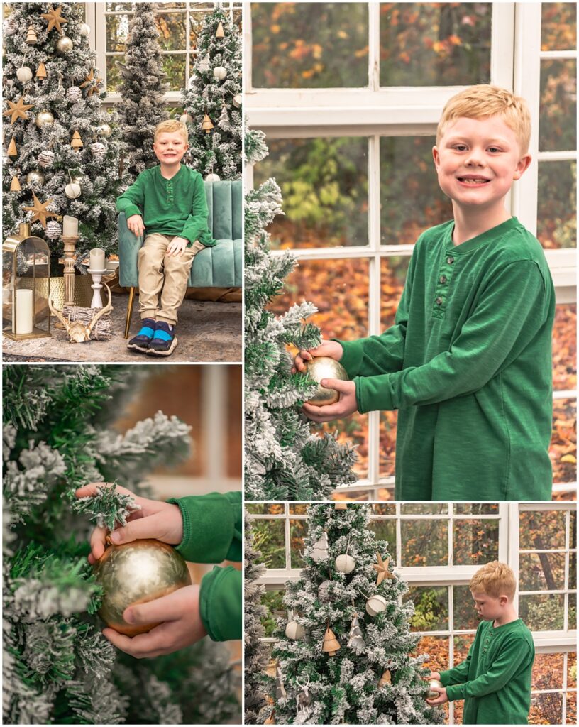 little boy decorating the Christmas tree, during his Santa mini session at Prospect Farms in Lawrenceville, Ga