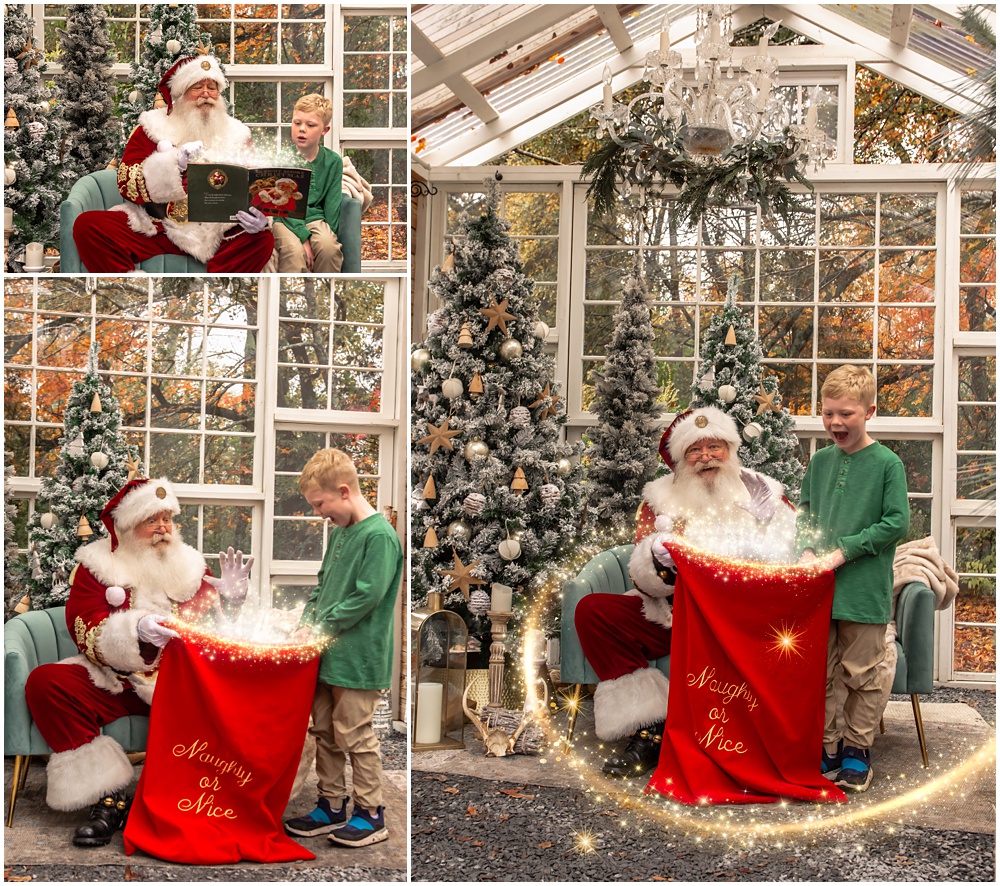 little boy looking into Santa's magic bag during his Santa mini session at Prospect Farms, in Lawrenceville, Ga 