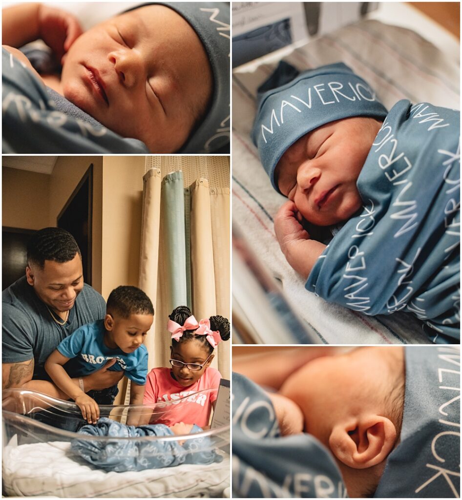 newborn baby at Northeast georgia medical. Dad shows older siblings the baby during their fresh 48 session in lawrenceville ga