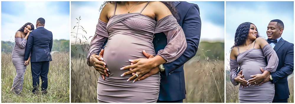 maternity session at Prospect Farms, in Lawrenceville Georgia. Mom and dad are outside in tall grass wearing a long sleeve purple dress and a suit. 