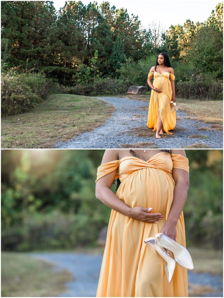 maternity session at Gerrard Landing Park in Roswell, Georgia. Mom is wearing a long, flowy, yellow gown, walking down a gravel path. 