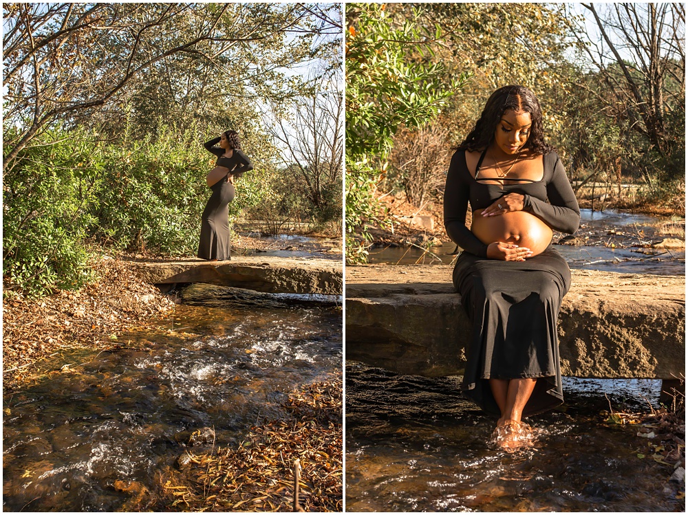 maternity session at Gerrard Landing Park in Roswell, Georgia. Mom is wearing a black dress with the stomach open for viewing. Mom is sitting on a big rock with her hands on her belly