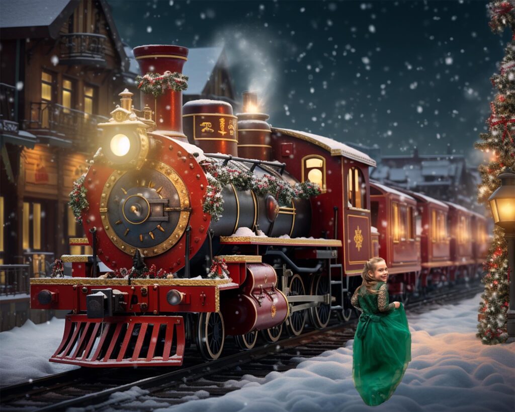 composite of girl running beside train for polar express mini session 