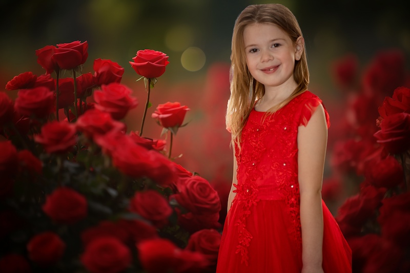 valentines composite of a girl beside flower bush 