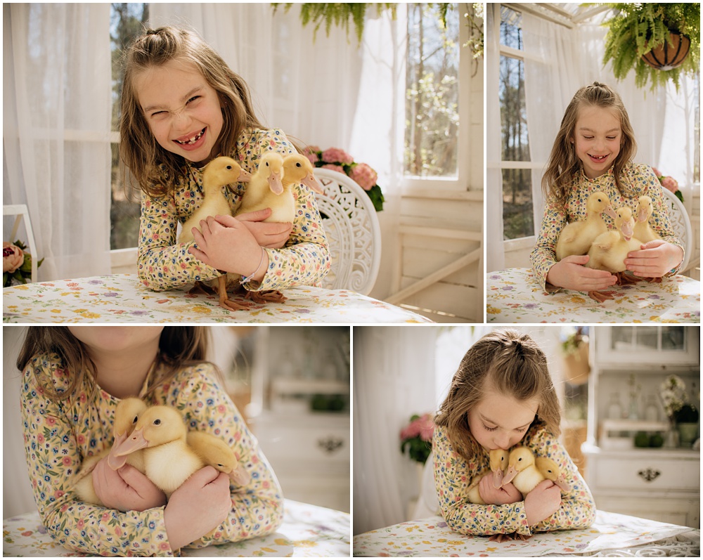 Flowery Branch photographer photographs a Spring, Easter mini with live baby ducks at Mayberry Acres, in Canton Georgia. Session was held outside in the greenhouse.