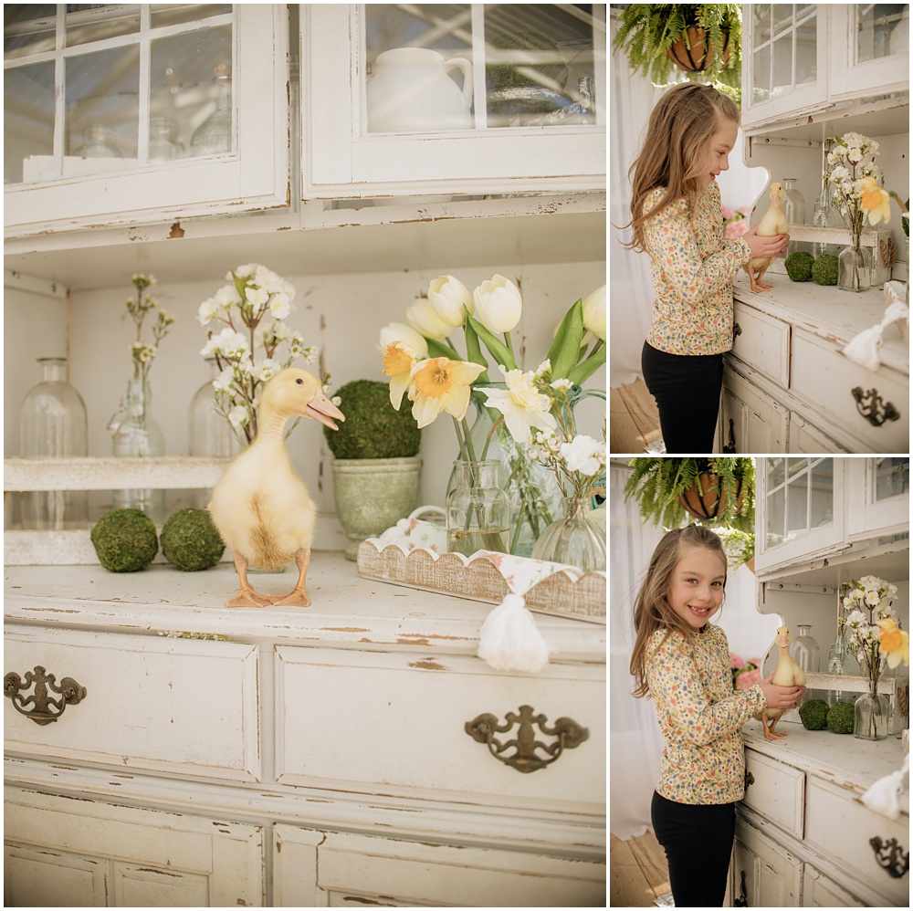 Flowery Branch photographer photographs a Spring, Easter mini with live baby ducks at Mayberry Acres, in Canton Georgia. Session was held outside in the greenhouse.