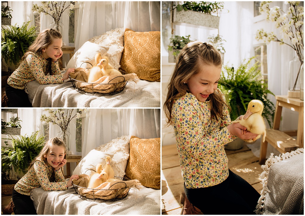 Flowery Branch photographer photographs a Spring, Easter mini with live baby ducks at Mayberry Acres, in Canton Georgia. Session was held outside in the greenhouse.