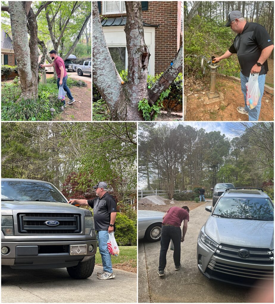 my husband and his brother hiding eggs for the kids in flowery branch 