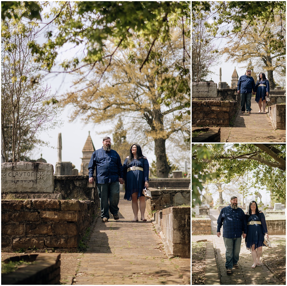 Bride & Groom walking during an engagement session at Oakland Cemetery in Atlanta georgia. Goth bride 2025