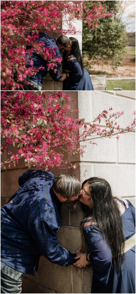 Bride & Groom posing during an engagement session at Oakland Cemetery in Atlanta georgia. Goth bride 2025