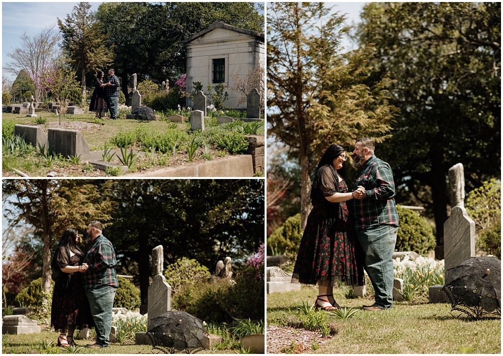 couple dancing during an engagement session at Oakland Cemetery in Atlanta georgia. Goth bride 2025