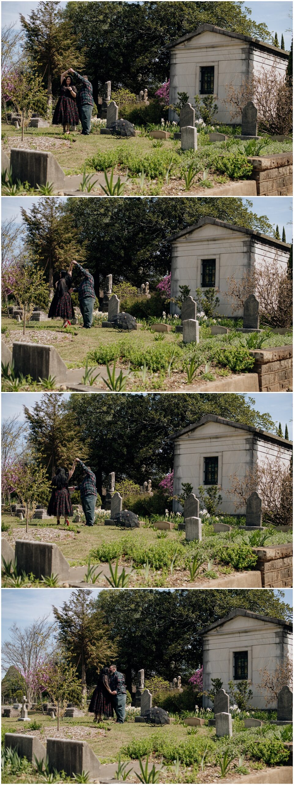 couple dancing during an engagement session at Oakland Cemetery in Atlanta georgia. Goth bride 2025