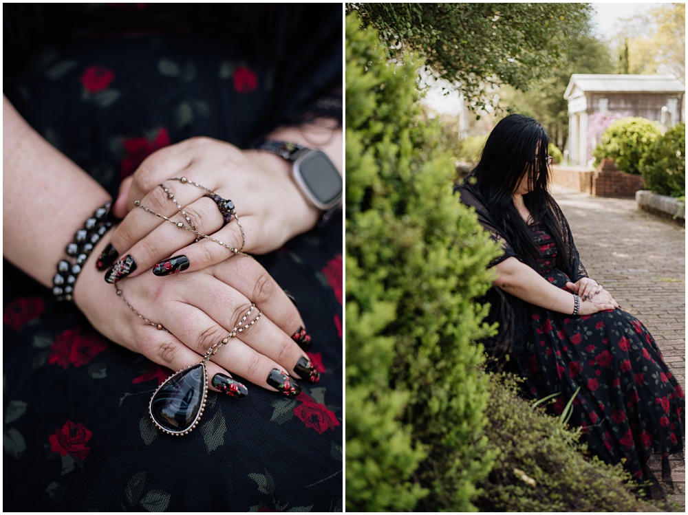 Bride posing during an engagement session at Oakland Cemetery in Atlanta georgia. Goth bride 2025