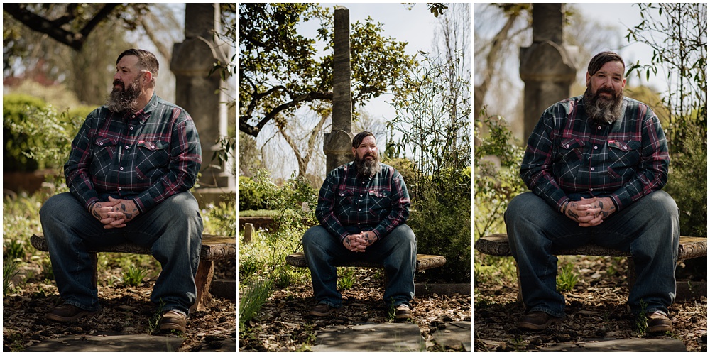 Groom posing during an engagement session at Oakland Cemetery in Atlanta georgia. Goth bride 2025