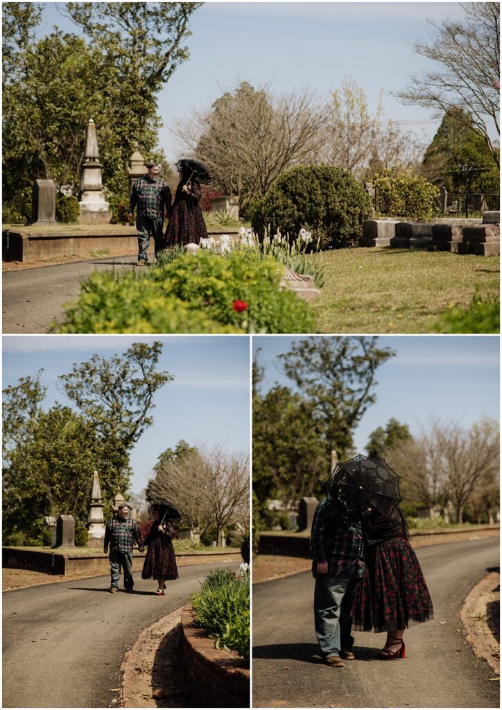 couple walking during an engagement session at Oakland Cemetery in Atlanta georgia. Goth bride 2025