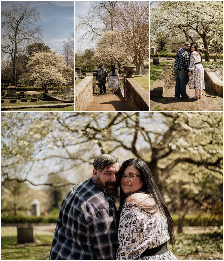 Bride & Groom walking during an engagement session at Oakland Cemetery in Atlanta georgia. Goth bride 2025